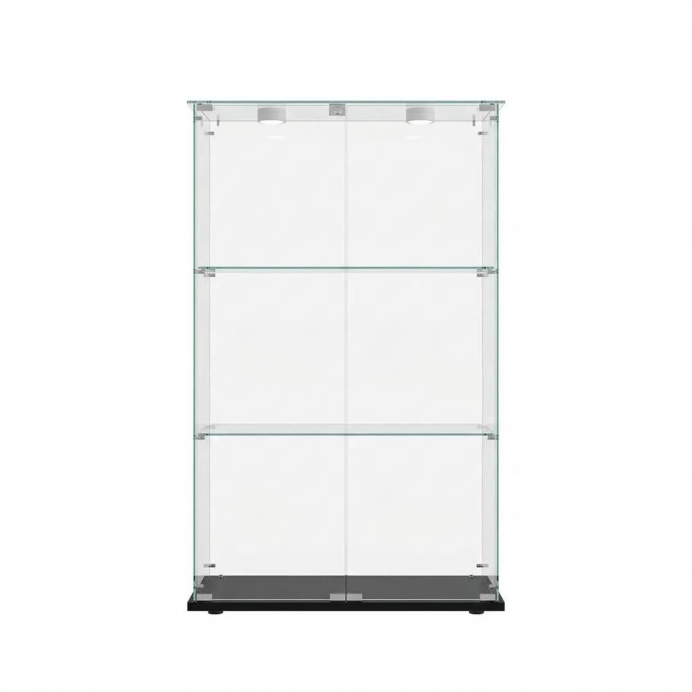 Moderne Glasvitrine mit LED-Beleuchtung, 3 Ebenen, Schwarz