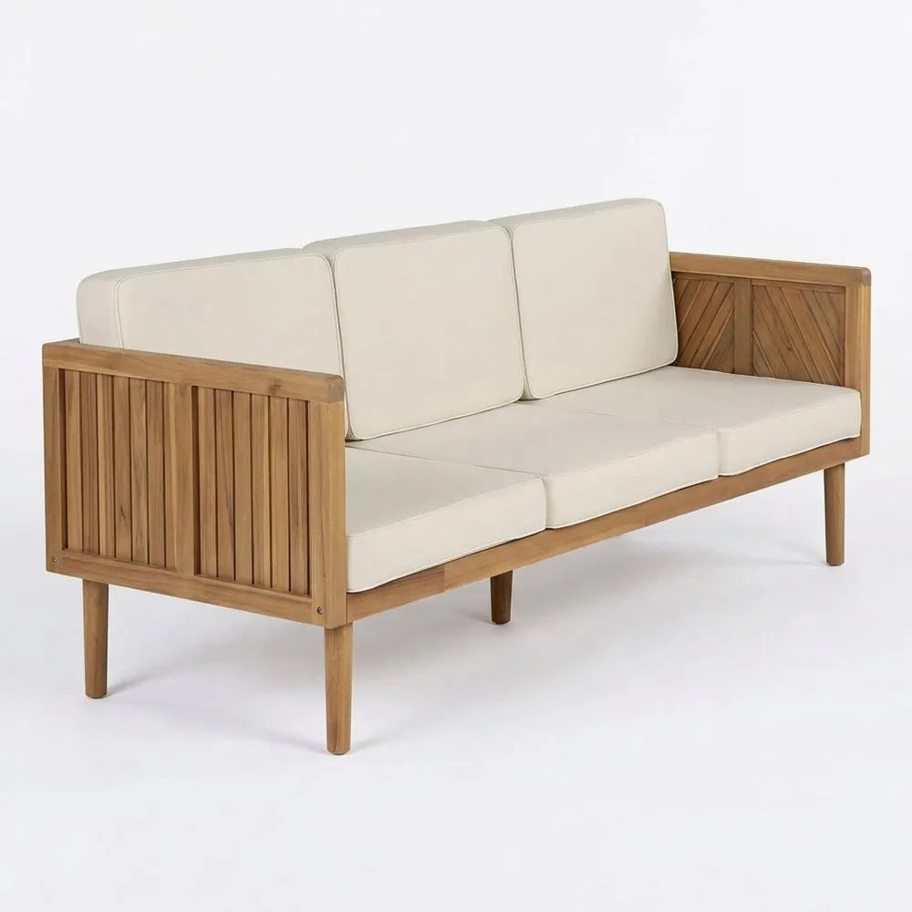 Rustikales 3-Sitzer Gartensofa aus Akazienholz mit Beigen Kissen